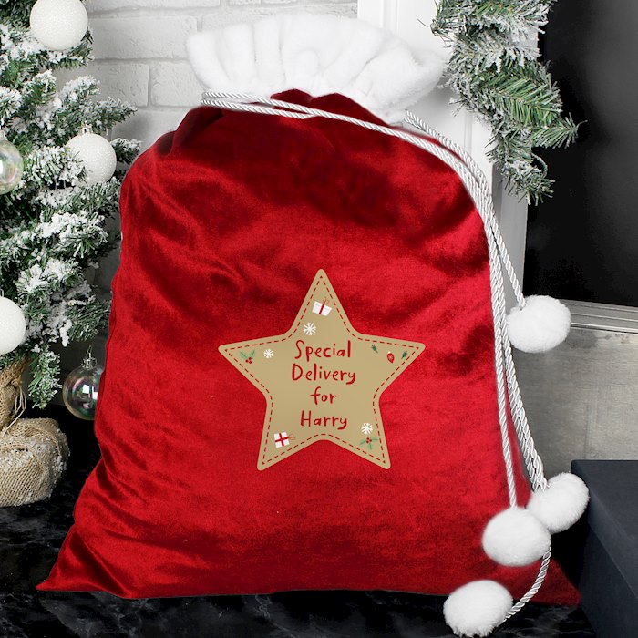 Personalised Free Text Star Pom Pom Red Santa Sack