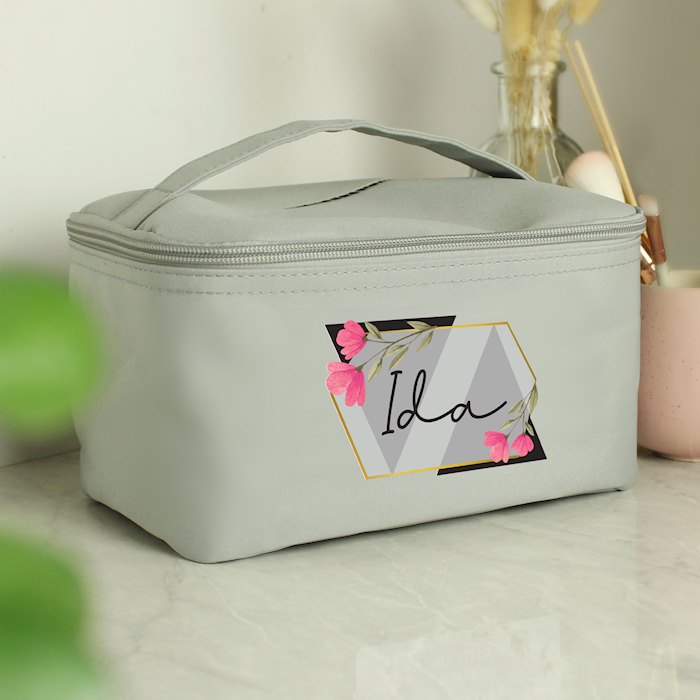 Personalised Geometric Floral Grey Toiletry Bag