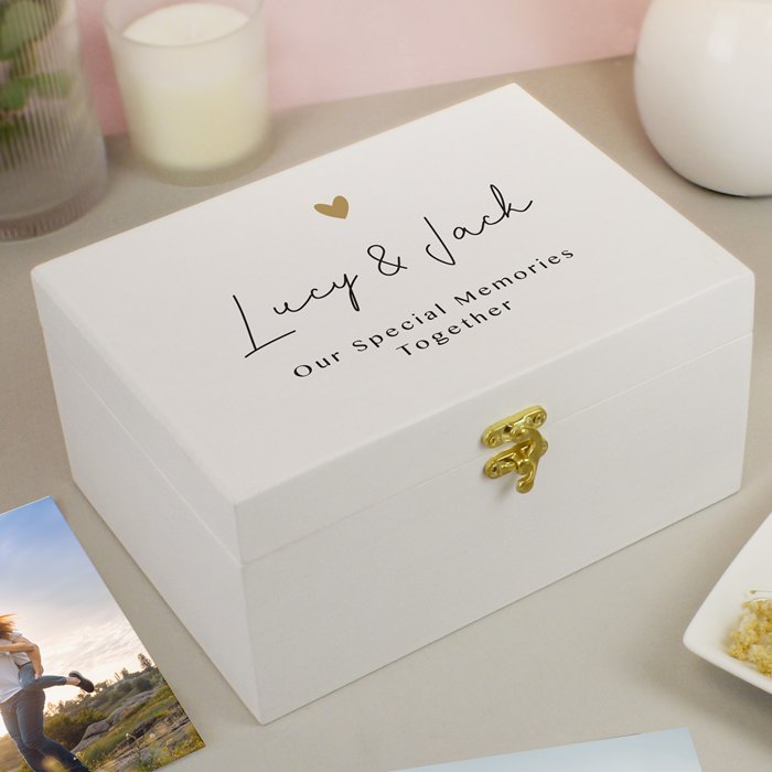 Personalised Gold Heart White Memory Box