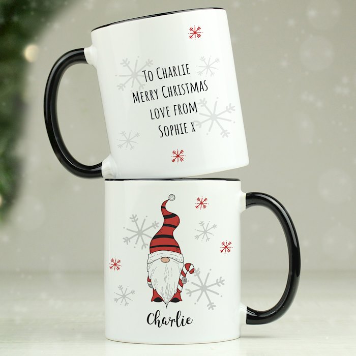 Personalised Gonk Family Black Handled Christmas Mug - Boy