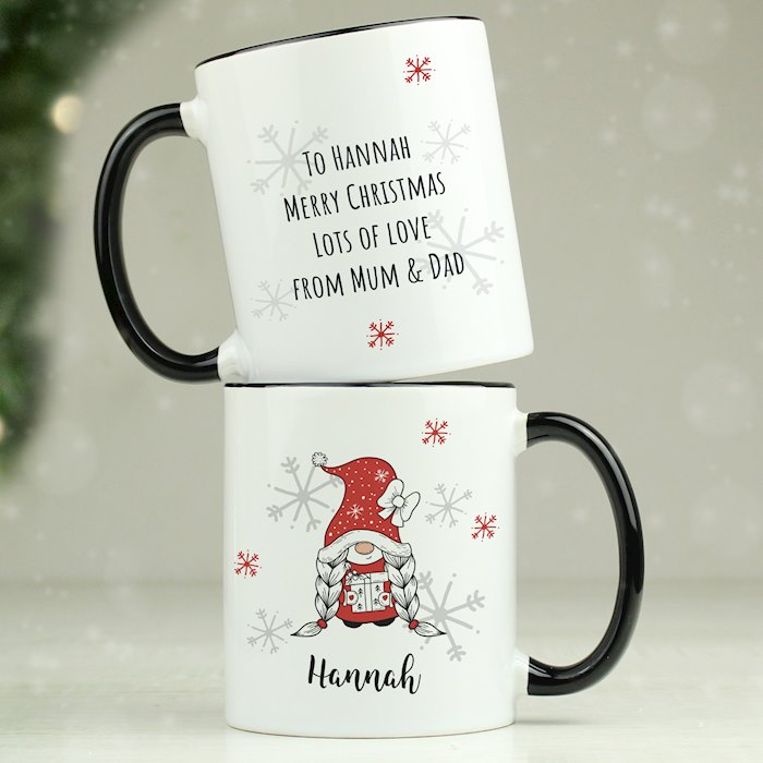 Personalised Gonk Family Black Handled Christmas Mug - Girl