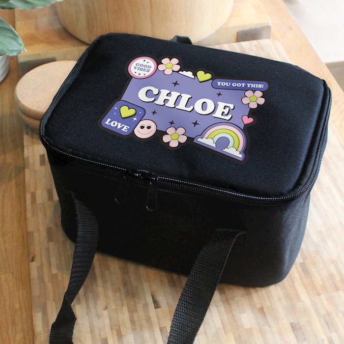 Personalised Good Vibes Black Lunch Bag