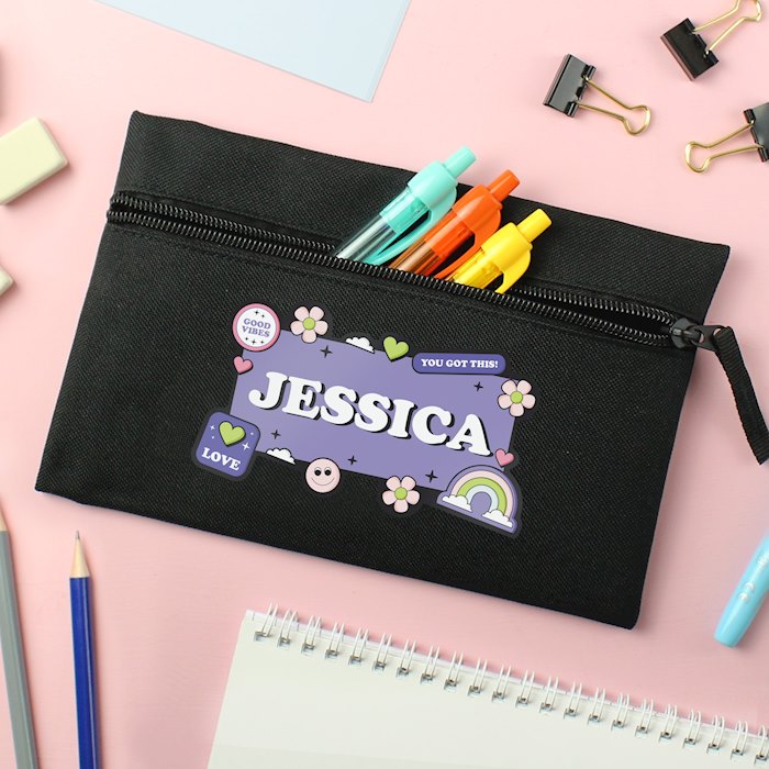 Personalised Good Vibes Black Pencil Case