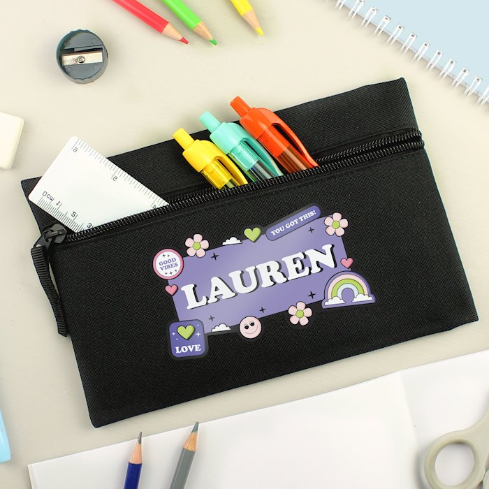 Personalised Good Vibes Black Pencil Case | SpecialMoment.co.uk