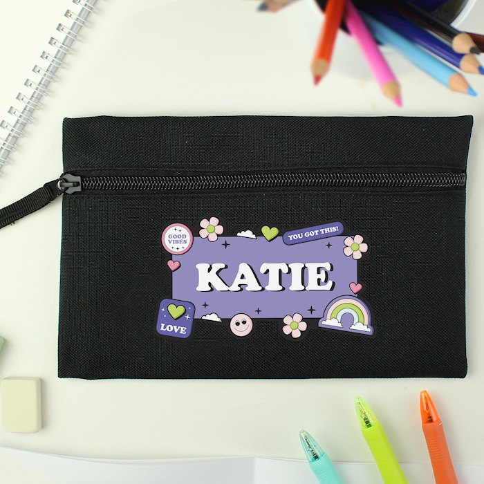 Personalised Good Vibes Black Pencil Case | SpecialMoment.co.uk