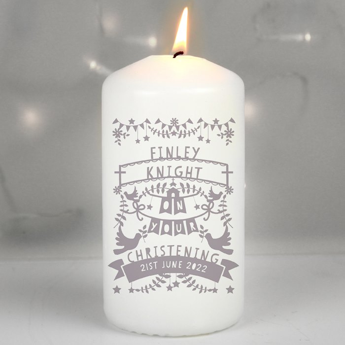 Personalised Grey Papercut Style Pillar Candle
