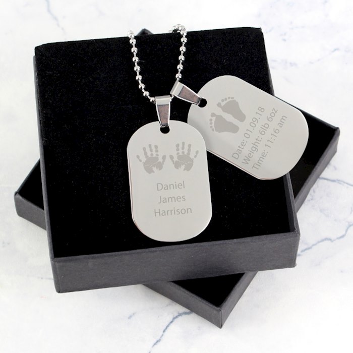 Personalised Hands and Feet New Baby Stainless Steel Double Dog Tag Necklace