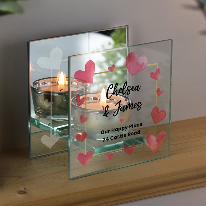 Personalised Hearts Mirrored Glass Tealight Holder