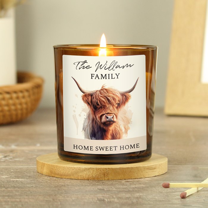 Personalised Highland Cow Amber Glass Candle