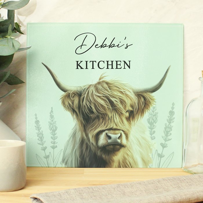 Personalised Highland Cow Glass Chopping Board