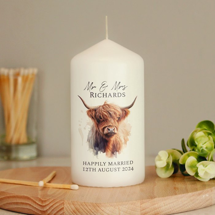 Personalised Highland Cow Pillar Candle