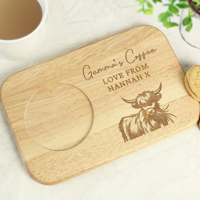 Personalised Highland Cow Wooden Coaster Tray