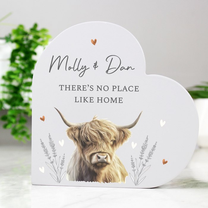 Personalised Highland Cow Wooden Heart Ornament
