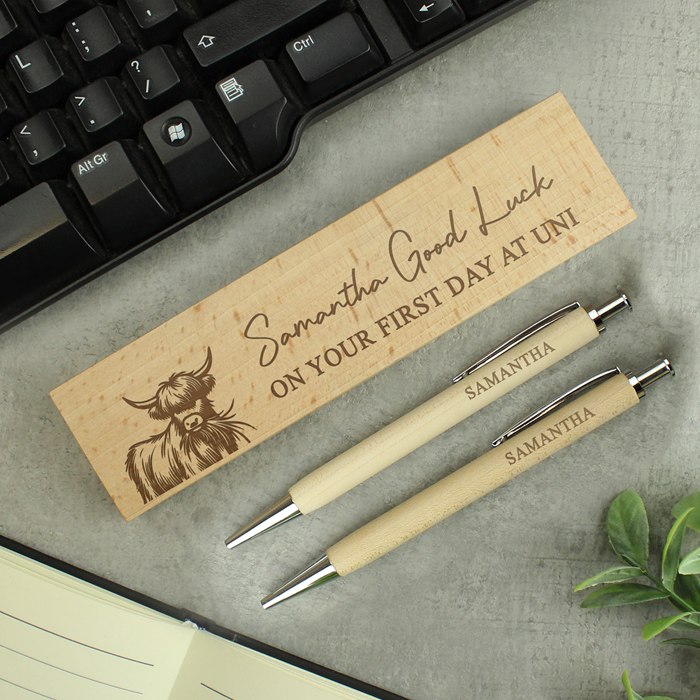 Personalised Highland Cow Wooden Pen & Pencil Set