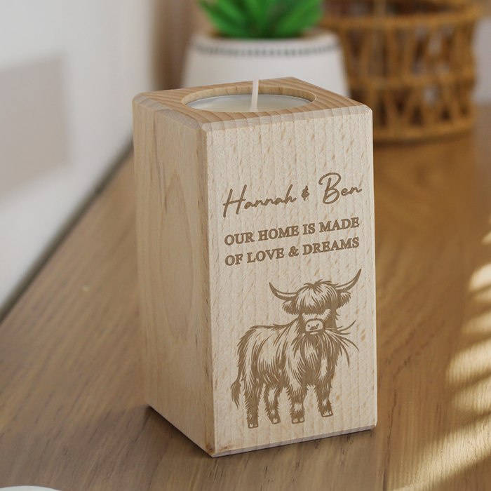 Personalised Highland Cow Wooden Tealight Holder
