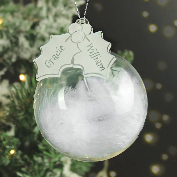 Personalised Holly Acrylic White Feather Bauble
