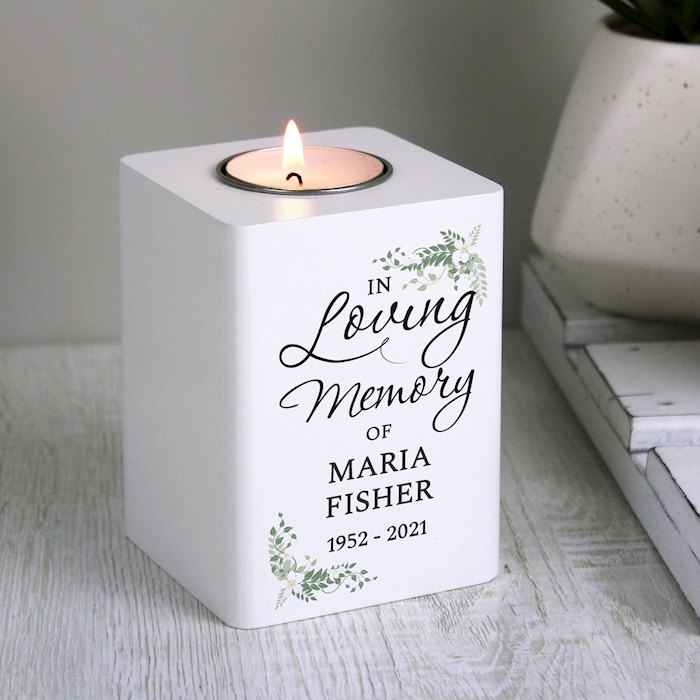 Personalised In Loving Memory White Wooden Tea light Holder