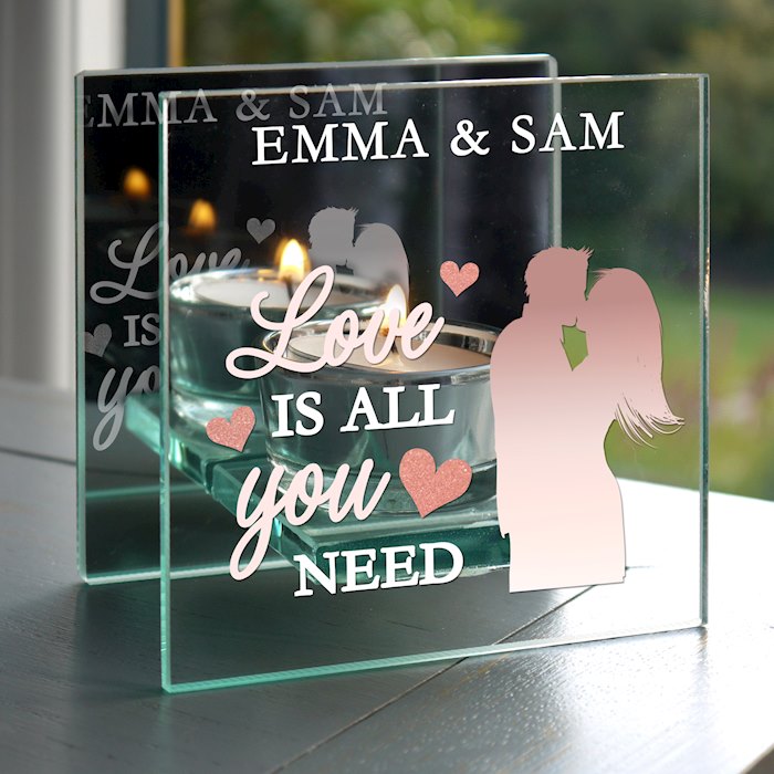 Personalised 'Love is All You Need' Mirrored Glass Tea Light Candle