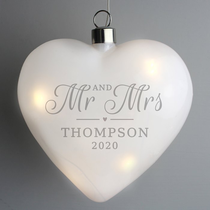Personalised Mr & Mrs LED Hanging Glass Heart