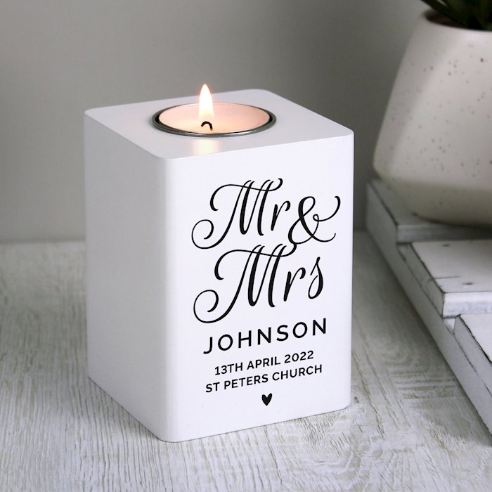Personalised Mr & Mrs White Wooden Tea light Holder
