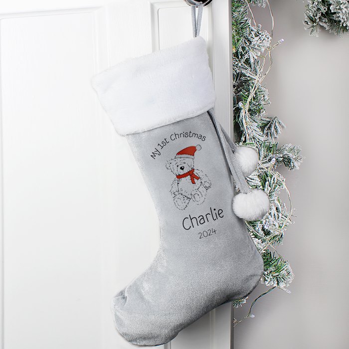 Personalised My 1st Christmas Teddy Silver Grey Stocking