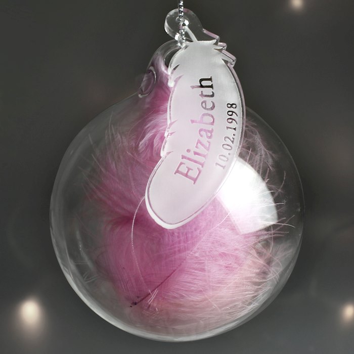 Personalised Name & Date Pink Feather Glass Bauble