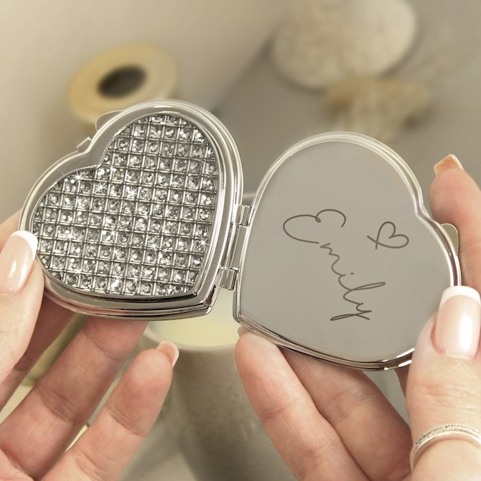 Personalised Name Diamante Heart Compact Mirror