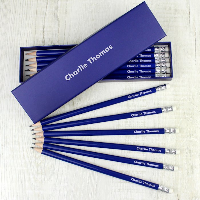 12 Personalised Blue HB Pencils With Name On Box