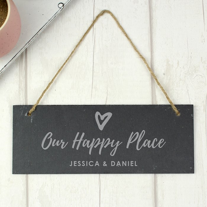 Personalised Our Happy Place Hanging Slate Plaque