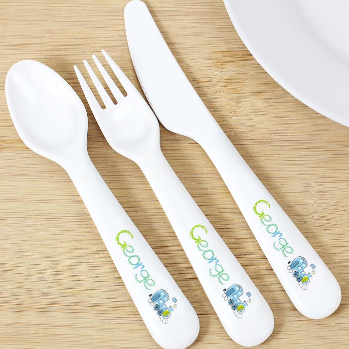 Personalised Patchwork Train 3 Piece Plastic Cutlery Set