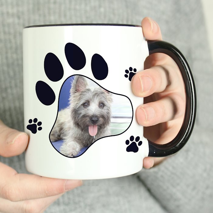 Personalised Paw Print Pet Photo Upload Black Handled Mug