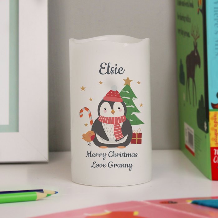 Personalised Penguin Christmas LED Candle