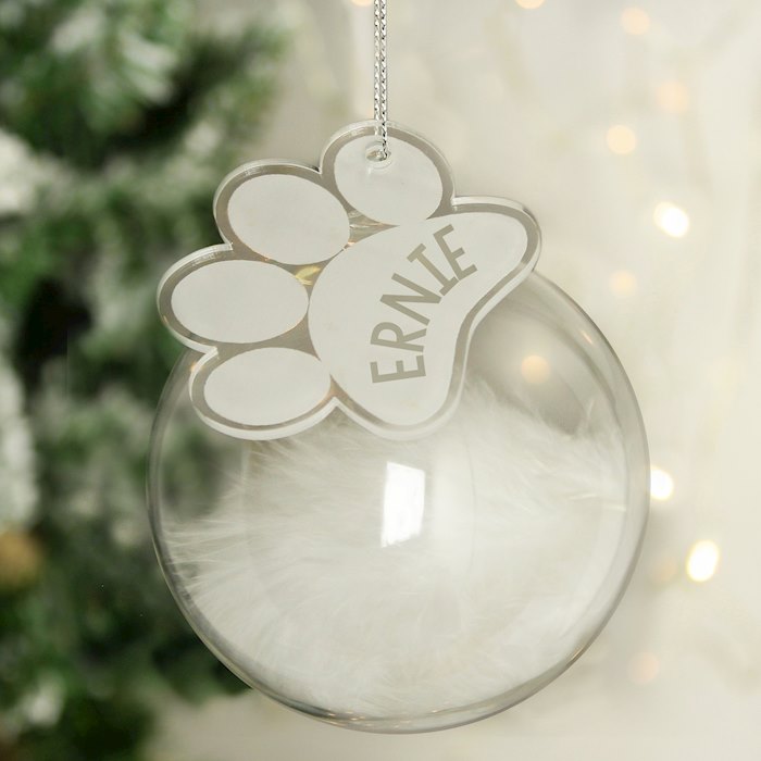 Personalised Pets White Feather Glass Bauble With Paw Print Tag