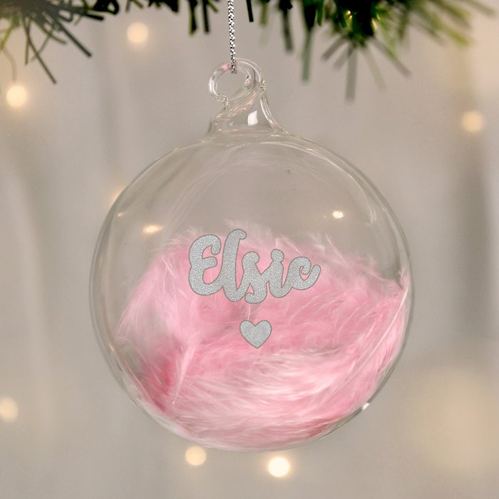 Personalised Pink Feather Silver Heart Glass Bauble