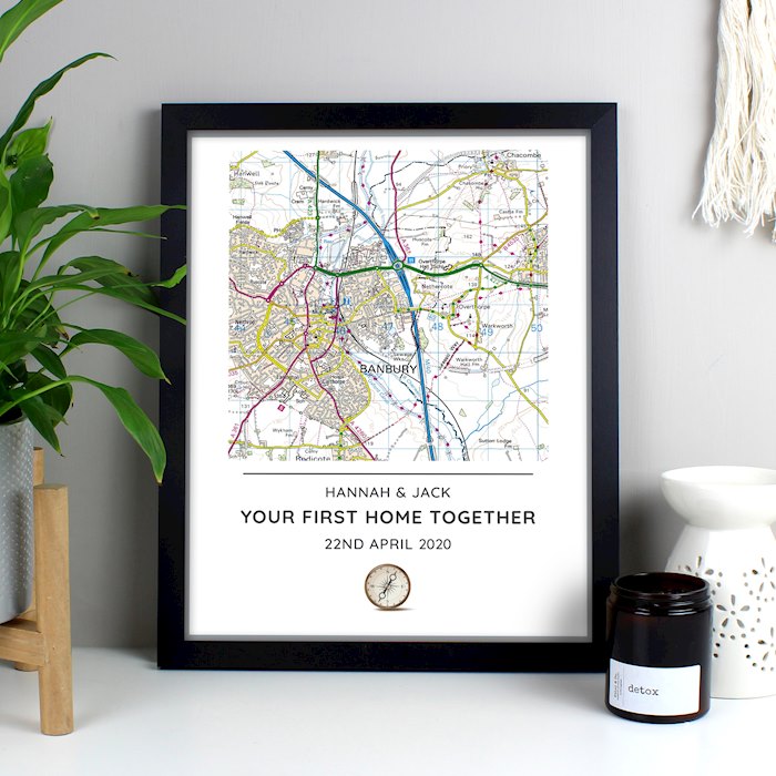 Personalised Present Day Map Compass Black Framed Print