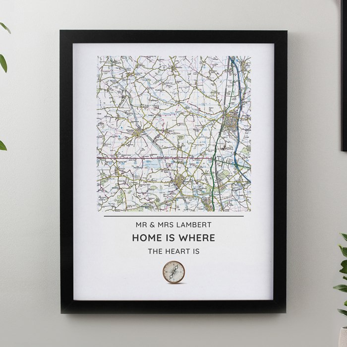 Personalised Present Day Map Compass Black Poster Frame