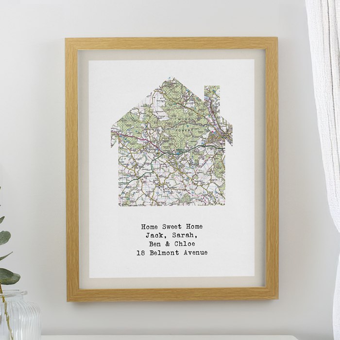 Personalised Present Day Map Home Oak Poster Frame