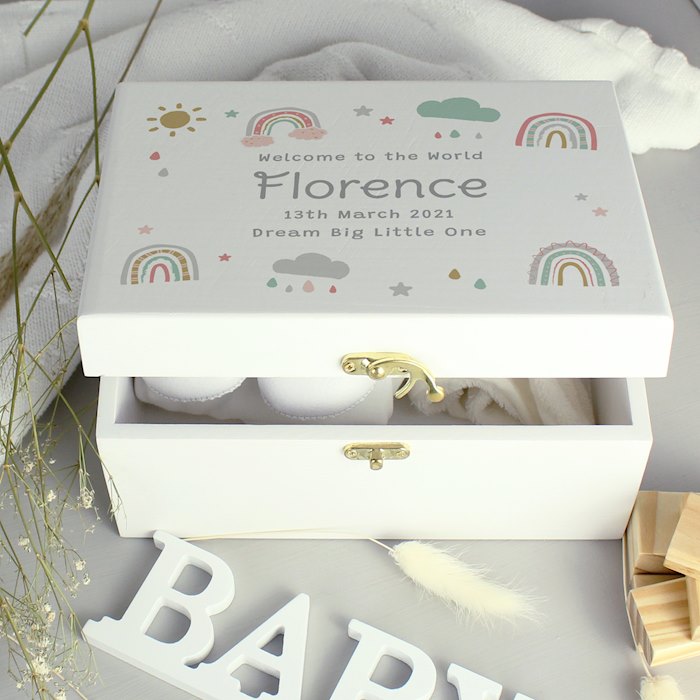 Personalised Rainbow White Wooden Keepsake Box | SpecialMoment.co.uk