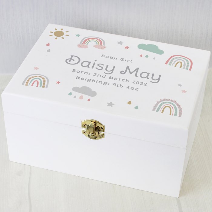 Personalised Rainbow White Wooden Keepsake Box | SpecialMoment.co.uk