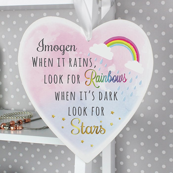Personalised Rainbows and Stars Large Wooden Heart Decoration