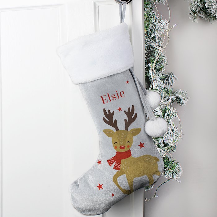 Personalised Reindeer Silver Grey Stocking