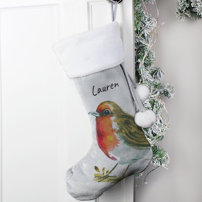 Personalised Robin Silver Grey Stocking