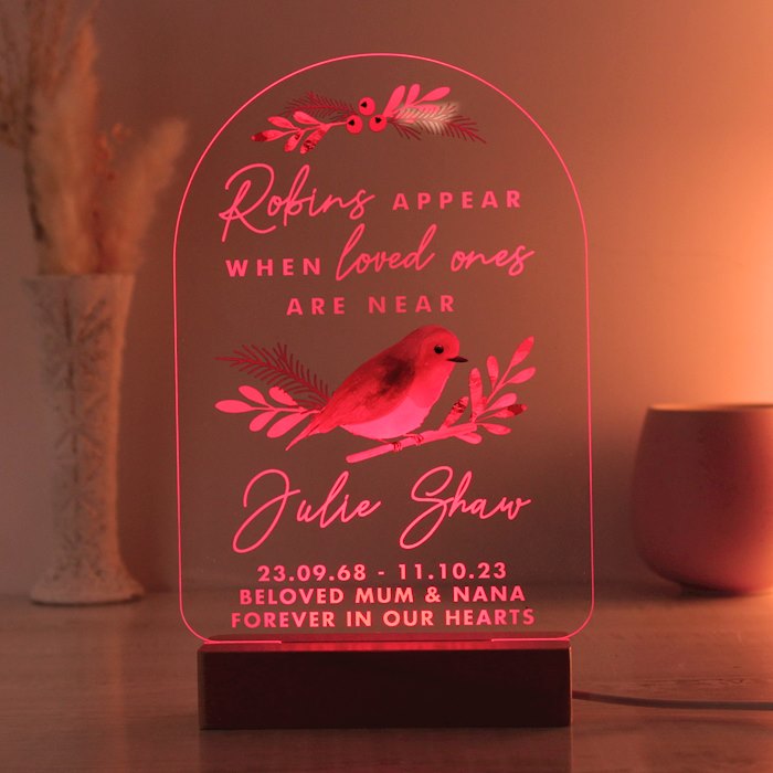 Personalised Robins Appear Wooden Based LED Light | SpecialMoment.co.uk