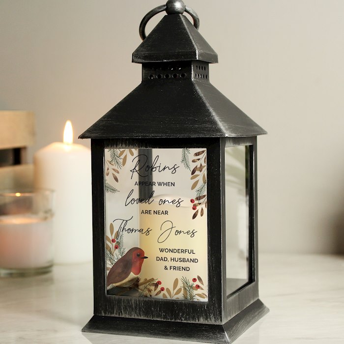 Personalised Robins Appear.. Memorial Black Lantern | SpecialMoment.co.uk