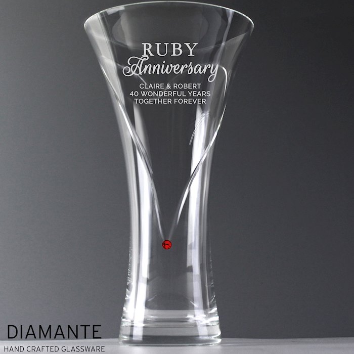 Personalised Ruby Anniversary Hand Cut Diamante Heart Vase