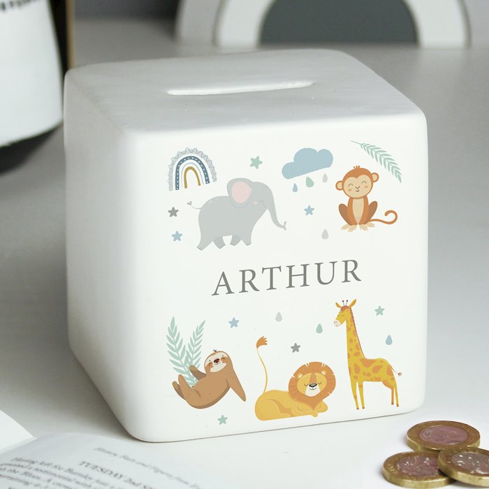 Personalised Safari Animals Ceramic Square Money Box