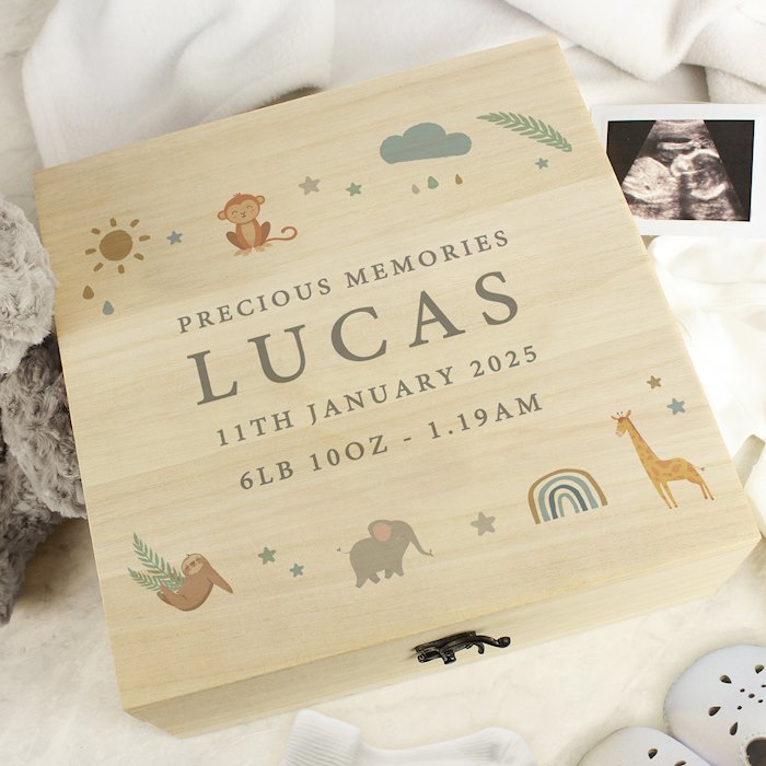 Personalised Safari Animals Large Wooden Keepsake Box