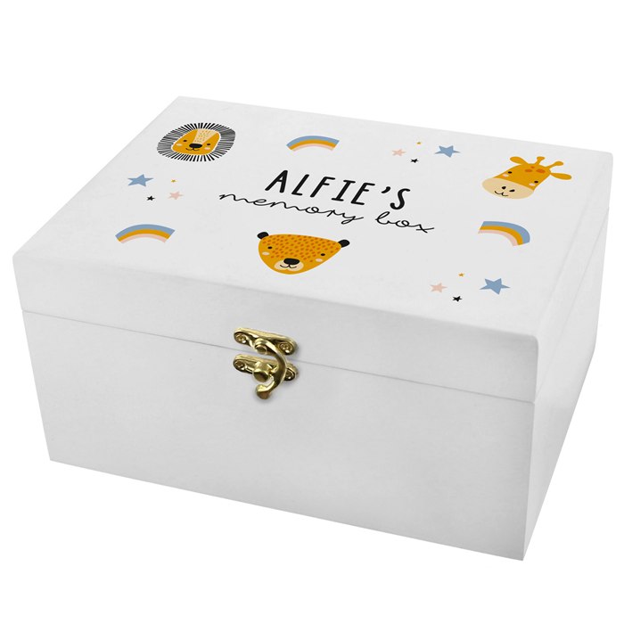 Personalised Safari Animal White Wooden Keepsake Box | SpecialMoment.co.uk