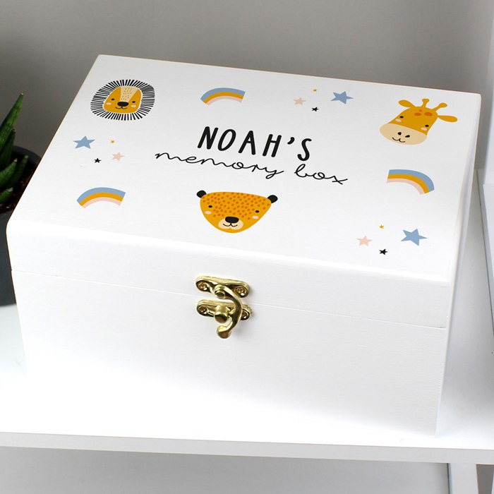 Personalised Safari Animal White Wooden Keepsake Box | SpecialMoment.co.uk