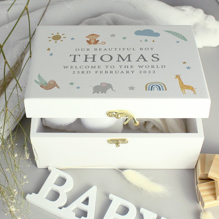 Personalised Safari Animals White Wooden Keepsake Box | SpecialMoment.co.uk